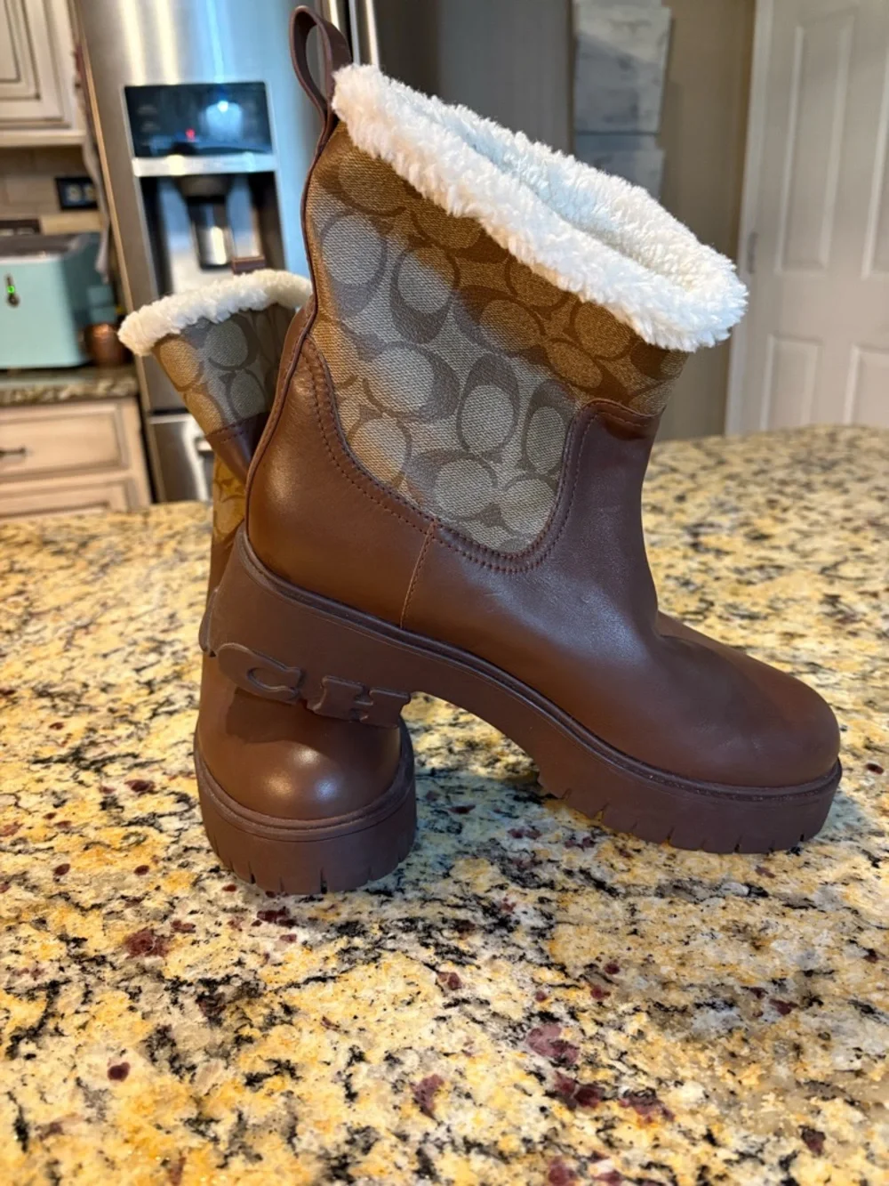 Coach Brown Logo-Panel Leather Platform Boots with Cream Shearling Cuff sz 8 - Picture 2 of 12